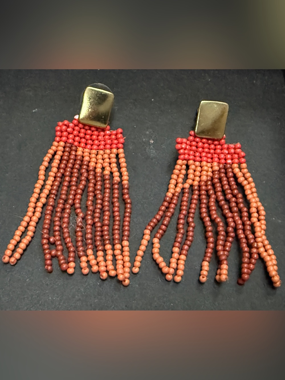 Beaded Fringe Orange Earrings in Coral and Brown